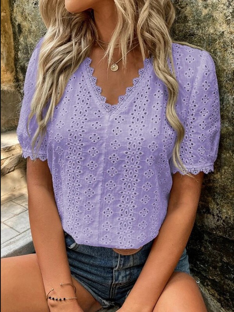 Solid-color Short-sleeved Cutout Blouse