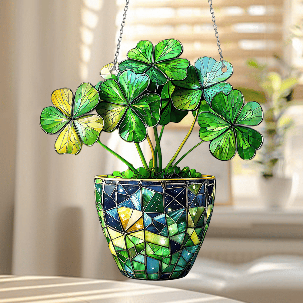 🍀🌞Clover Potted Plant Stained Art Ornament