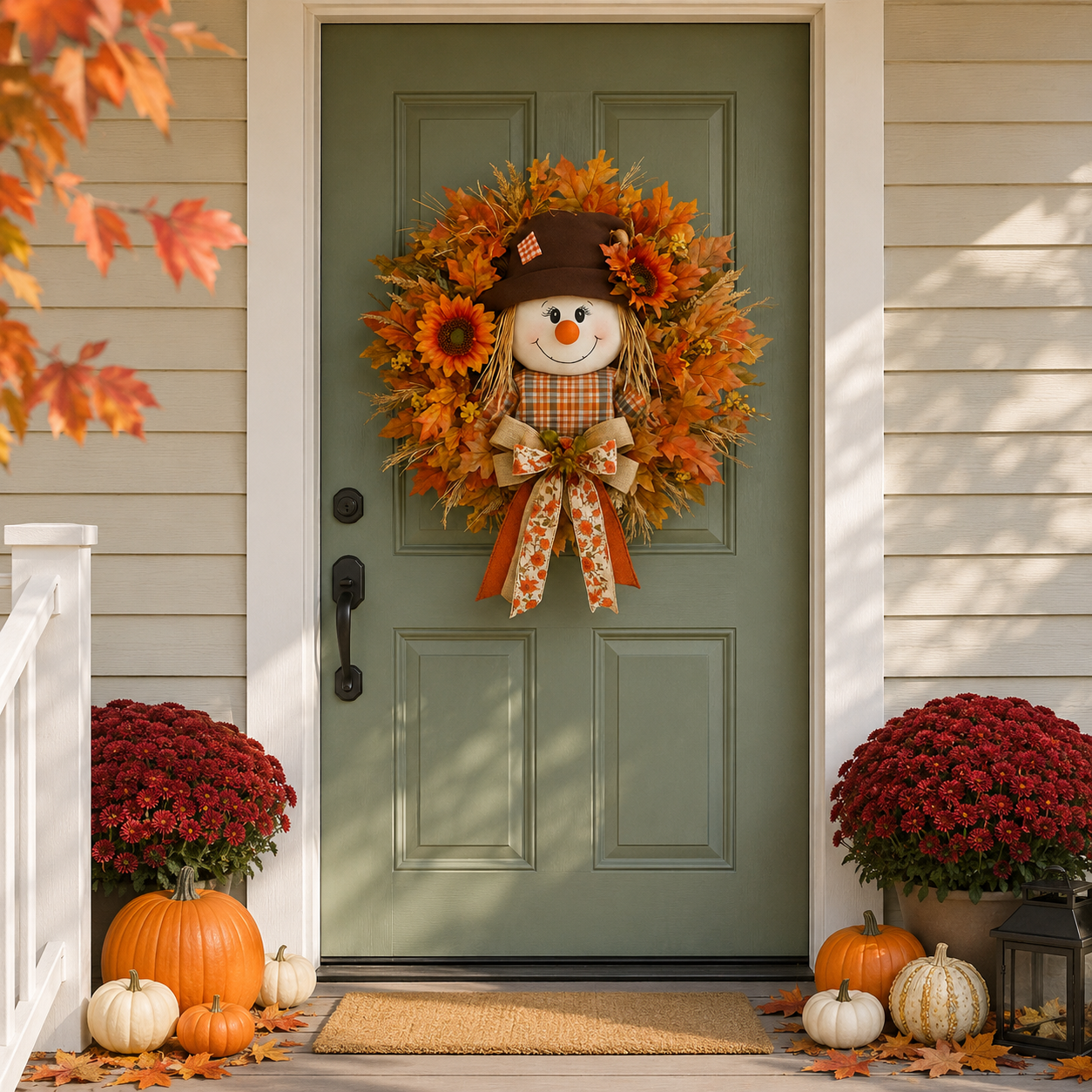 🔥🍁 Fall Favorite – Lighted Scarecrow Front Door Wreath