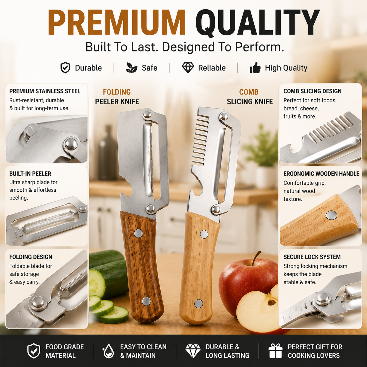 🔥LAST DAY 50% OFF -✨ 2-Piece Kitchen Knife Set – Premium Peeler Knife & Comb Slicing Knife with Wooden Handle
