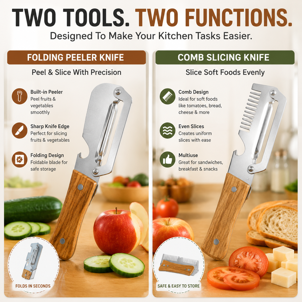 🔥LAST DAY 50% OFF -✨ 2-Piece Kitchen Knife Set – Premium Peeler Knife & Comb Slicing Knife with Wooden Handle