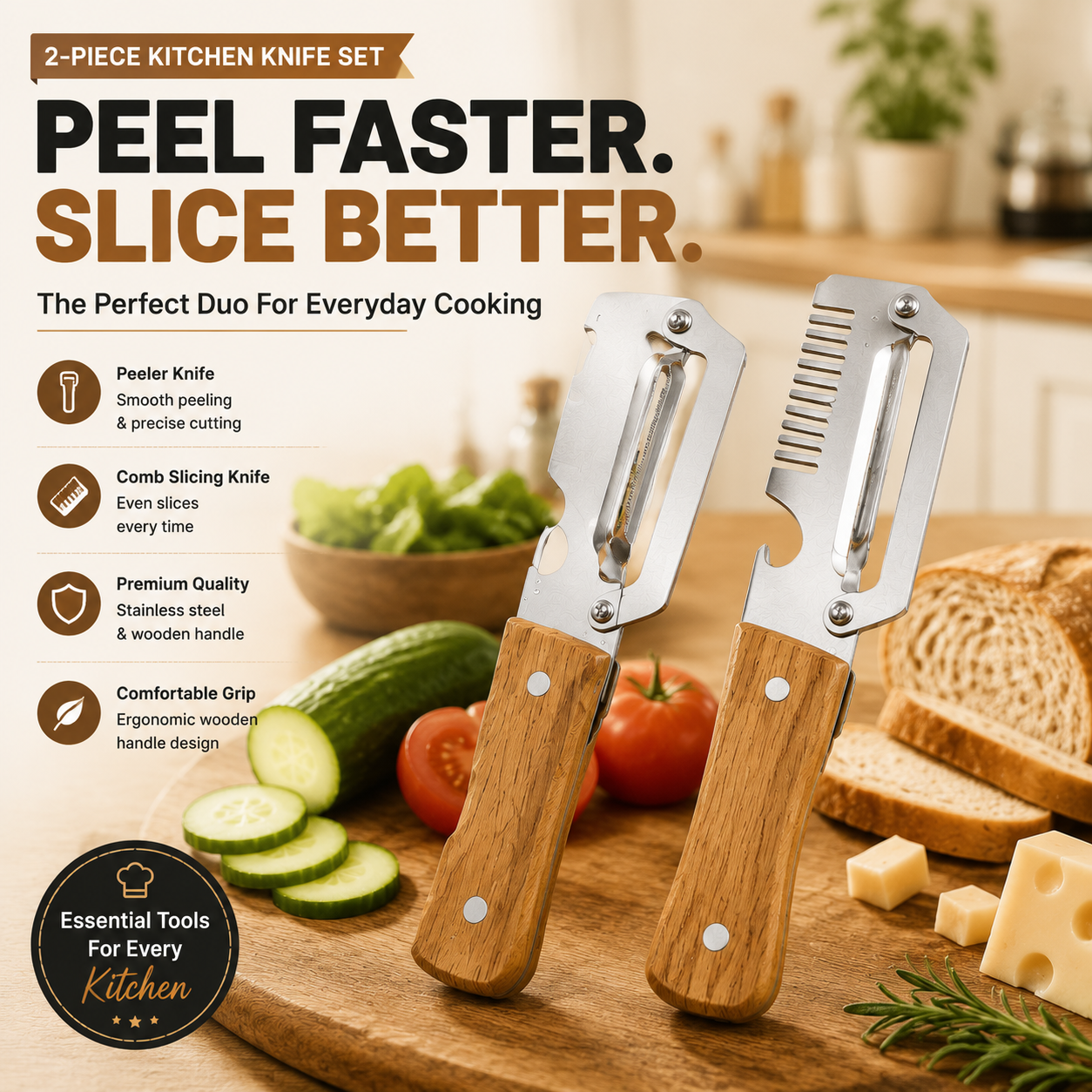 🔥LAST DAY 50% OFF -✨ 2-Piece Kitchen Knife Set – Premium Peeler Knife & Comb Slicing Knife with Wooden Handle
