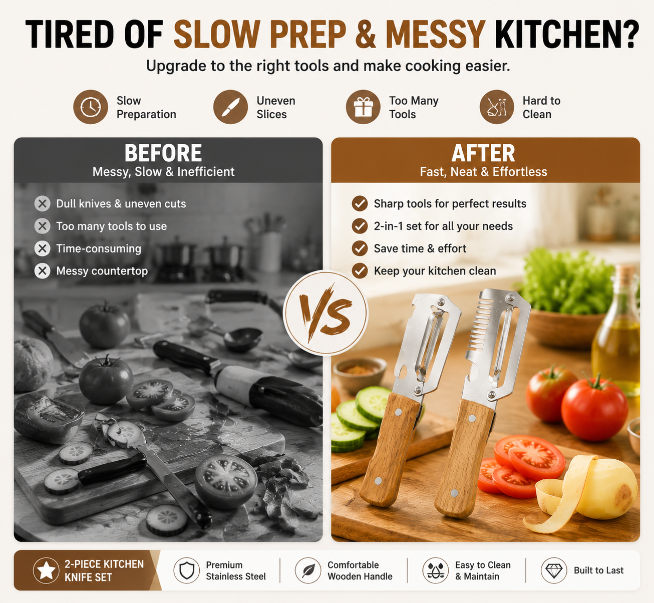 🔥LAST DAY 50% OFF -✨ 2-Piece Kitchen Knife Set – Premium Peeler Knife & Comb Slicing Knife with Wooden Handle