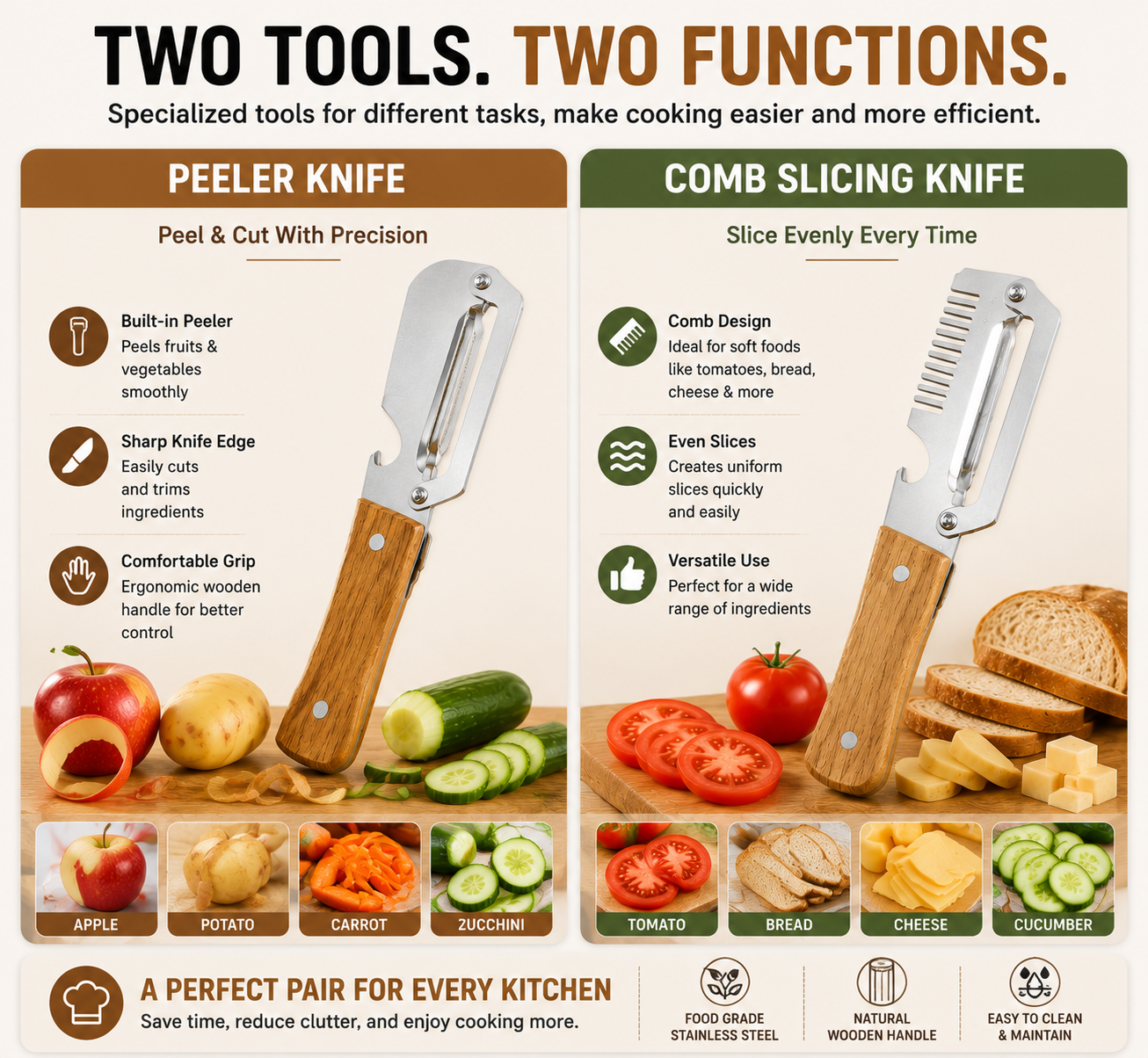 🔥LAST DAY 50% OFF -✨ 2-Piece Kitchen Knife Set – Premium Peeler Knife & Comb Slicing Knife with Wooden Handle