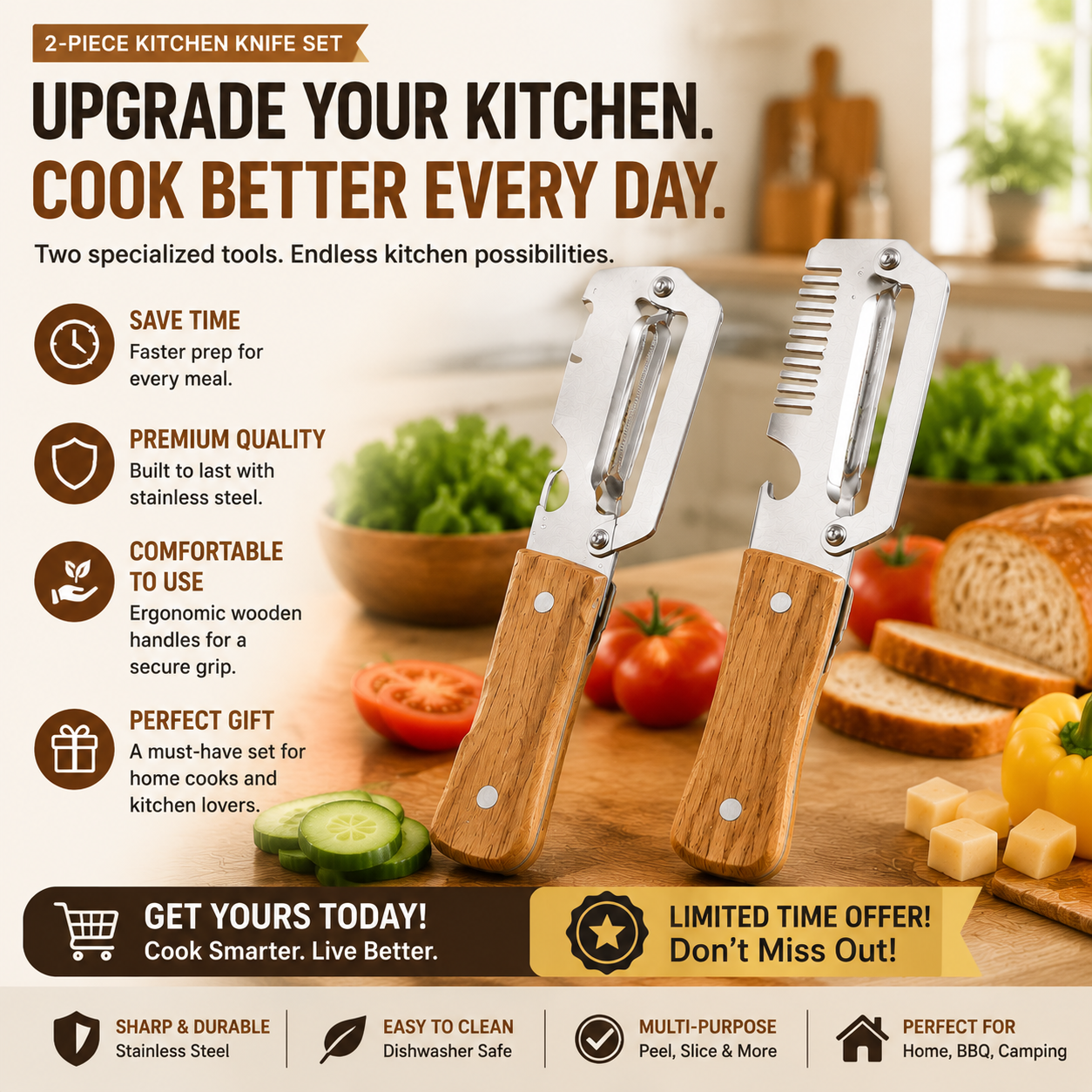 🔥LAST DAY 50% OFF -✨ 2-Piece Kitchen Knife Set – Premium Peeler Knife & Comb Slicing Knife with Wooden Handle