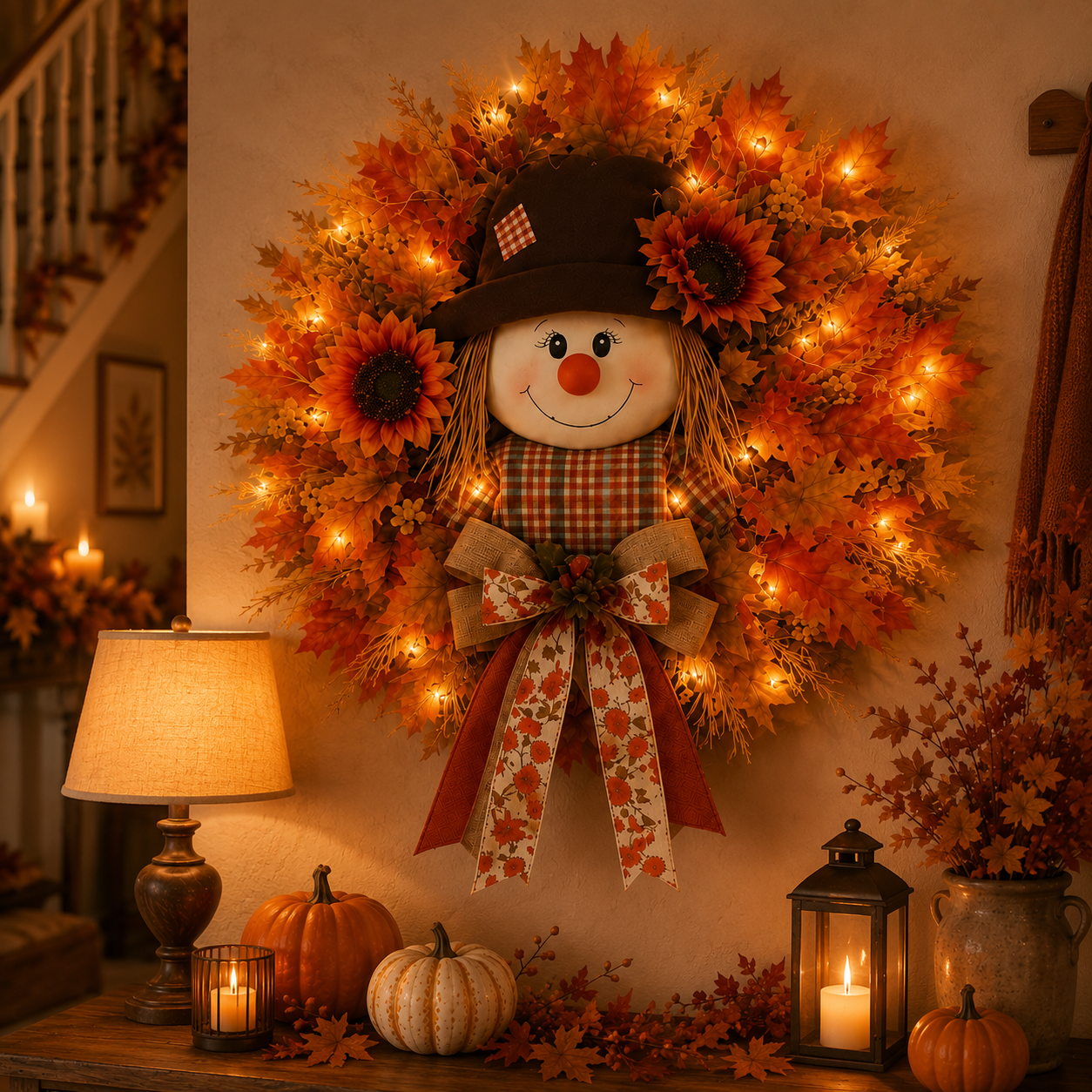 🔥🍁 Fall Favorite – Lighted Scarecrow Front Door Wreath