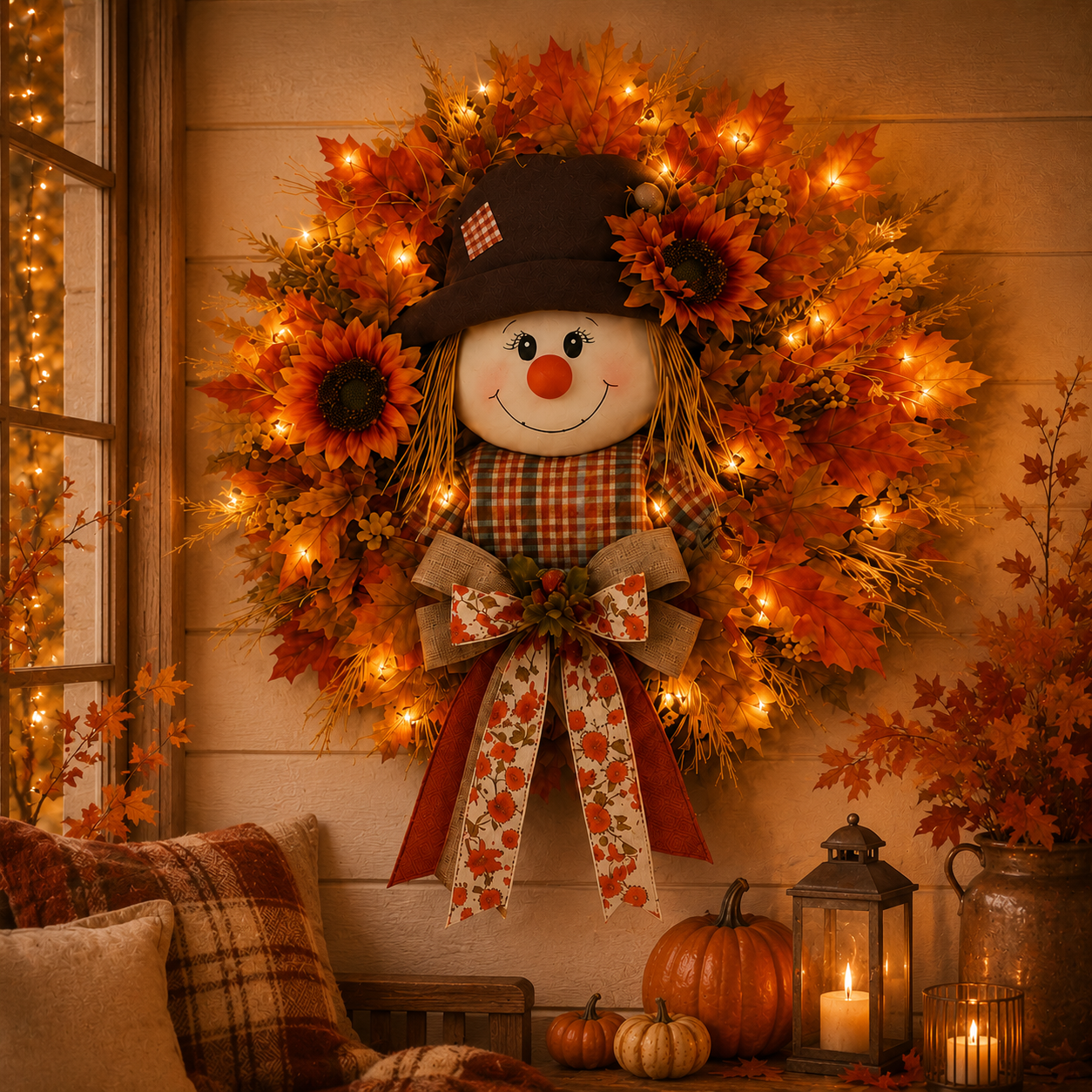 🔥🍁 Fall Favorite – Lighted Scarecrow Front Door Wreath