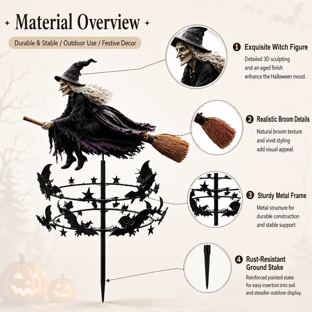 ✨ 3D Reflective Witch Wind Spinner | All-Season Outdoor Garden Art