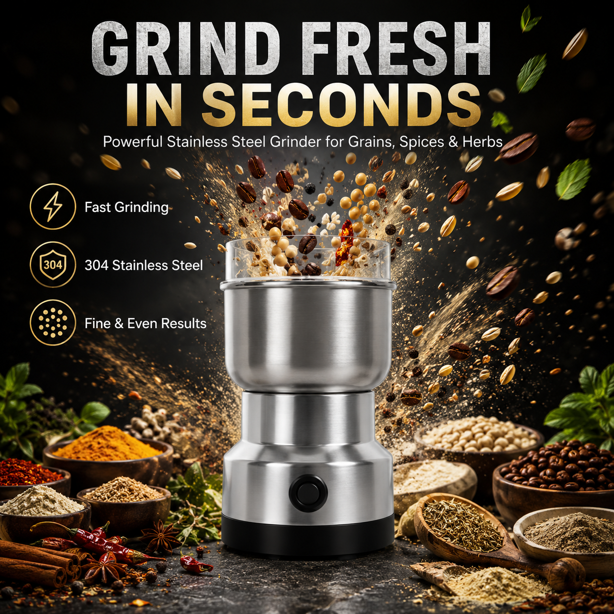 🌿 High-Speed Stainless Steel Grinder – Fresh Spice, Grain & Coffee Grinding ⚡