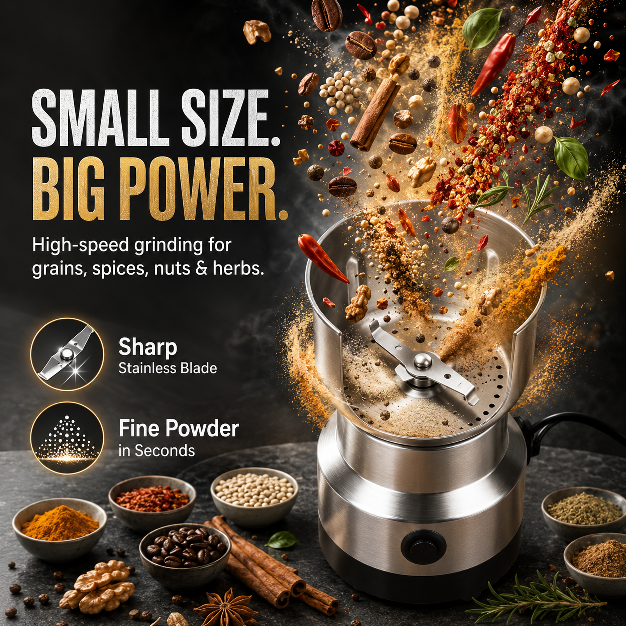 🌿 High-Speed Stainless Steel Grinder – Fresh Spice, Grain & Coffee Grinding ⚡