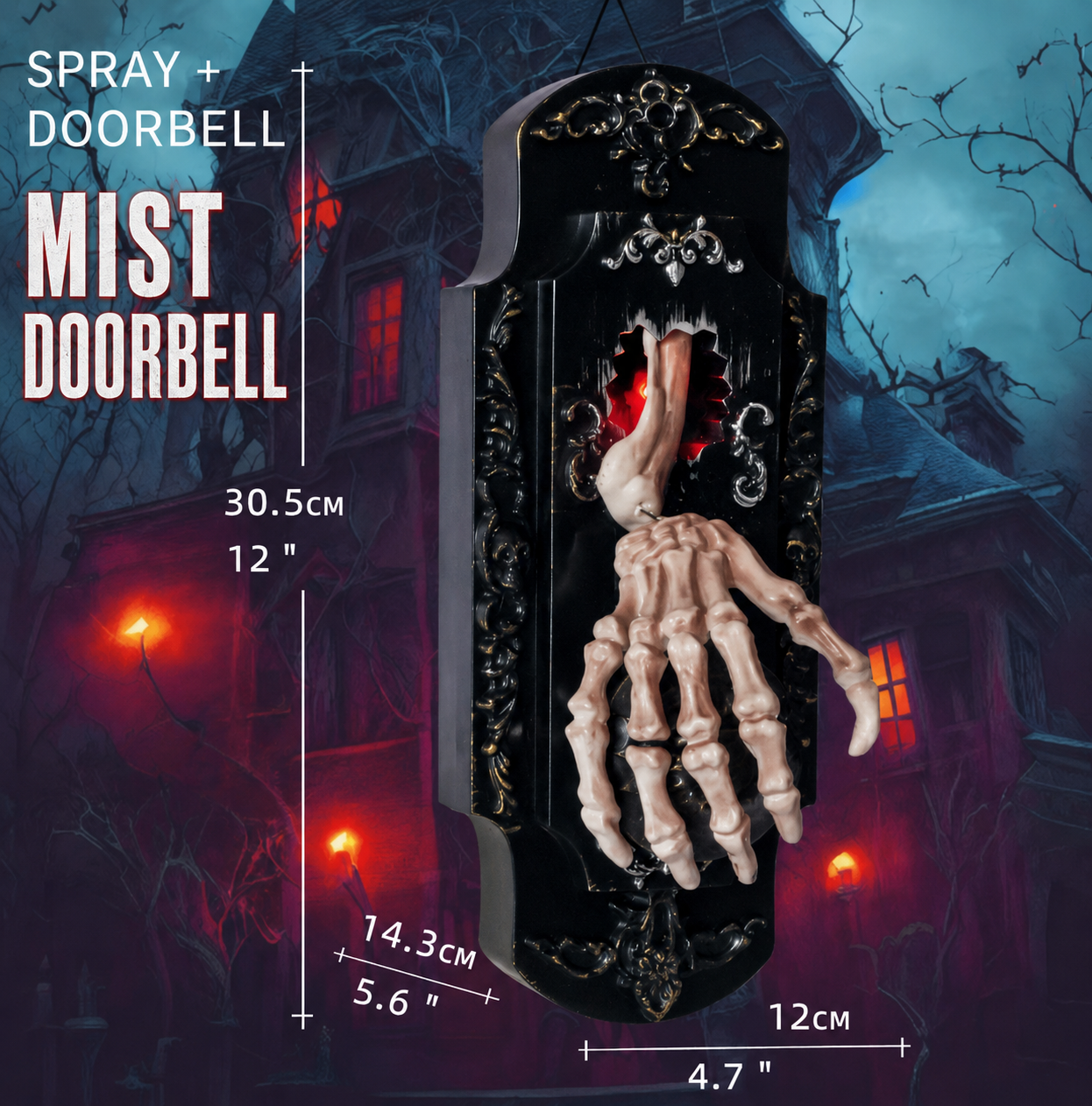 👻Halloween Hanging Doorbell Touch/Motion Activated Skeleton Hand Door Bell with Red Light Scary Sound Haunted House Decoration