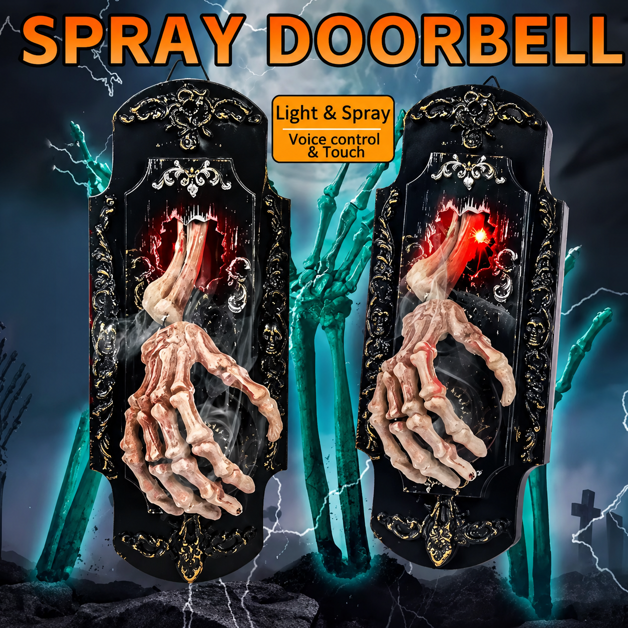 👻Halloween Hanging Doorbell Touch/Motion Activated Skeleton Hand Door Bell with Red Light Scary Sound Haunted House Decoration