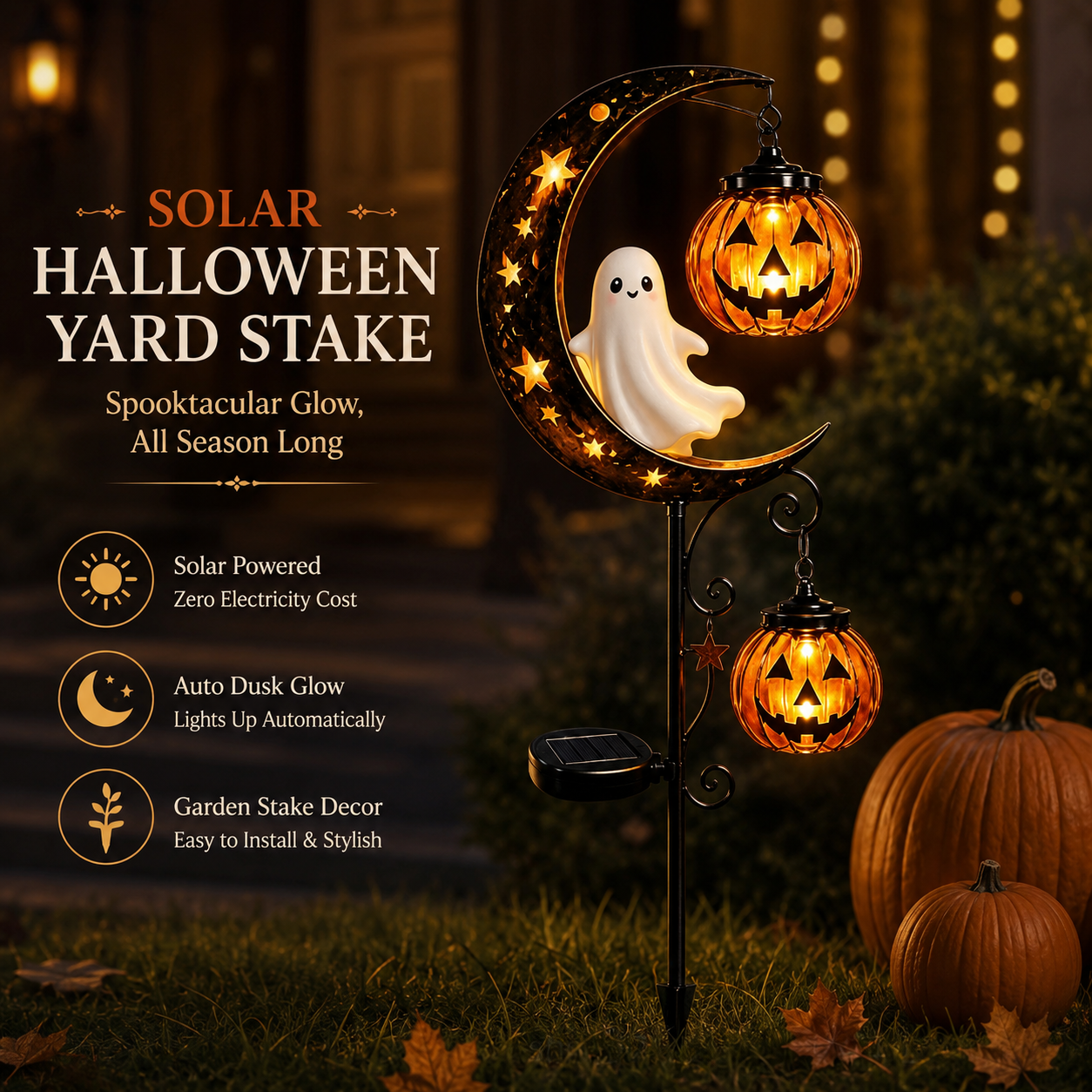 🎃 Pumpkin Moon Solar Garden Stake Light | Halloween Yard Decor