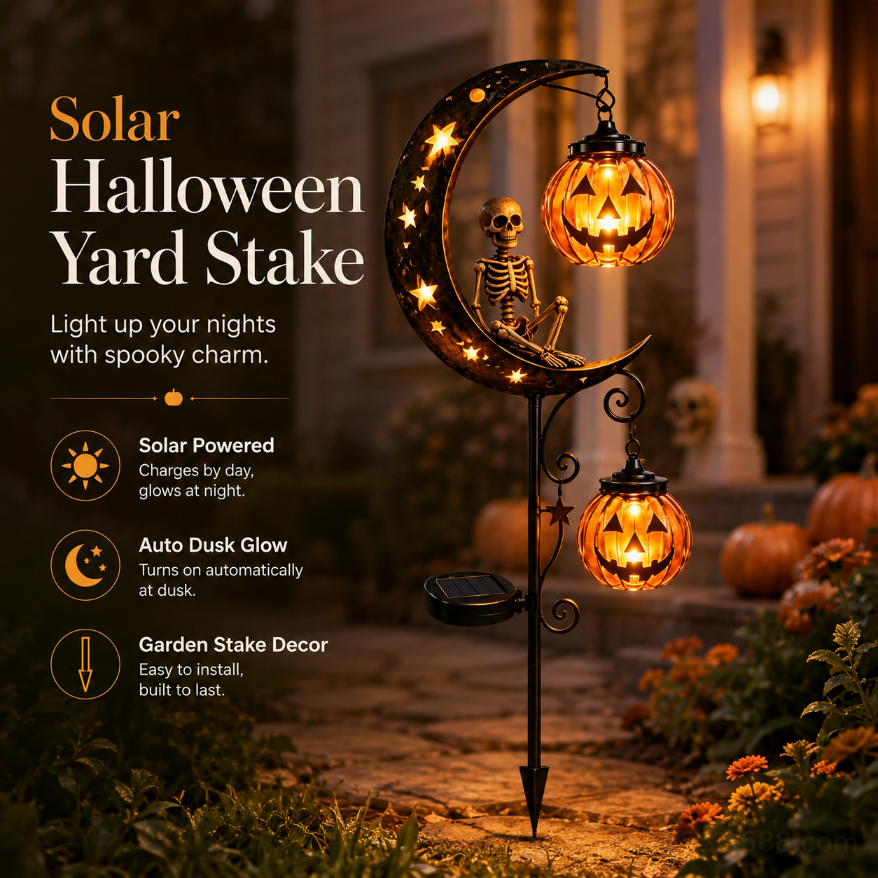 🎃 Pumpkin Moon Solar Garden Stake Light | Halloween Yard Decor