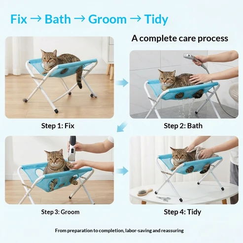 🔥 LAST DAY | 49% OFF! Foldable Pet Grooming Stand 🐾 Quick-Dry Mesh Bath Support with Fixed Straps