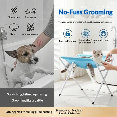 🔥 LAST DAY | 49% OFF! Foldable Pet Grooming Stand 🐾 Quick-Dry Mesh Bath Support with Fixed Straps