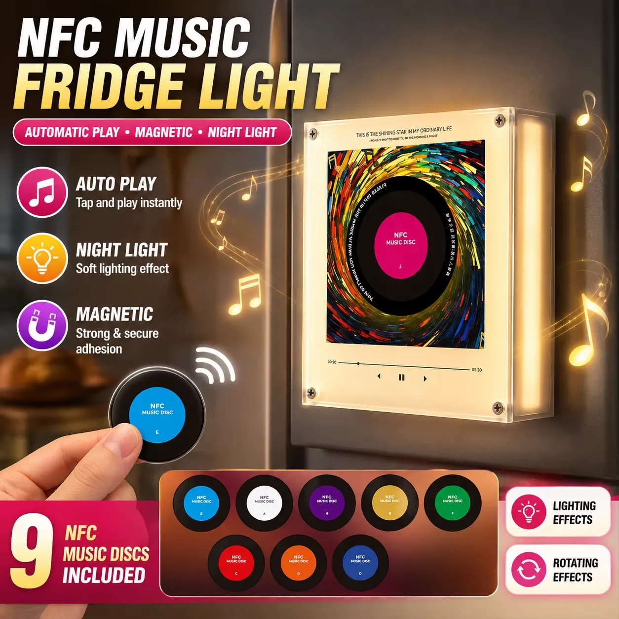 💿 Classic Pop NFC Player | Rotating Vinyl Light Fridge Magnet Decor Set