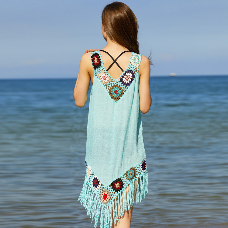 V Neck Asymmetrical Crochet Trim Tassel Cover Up