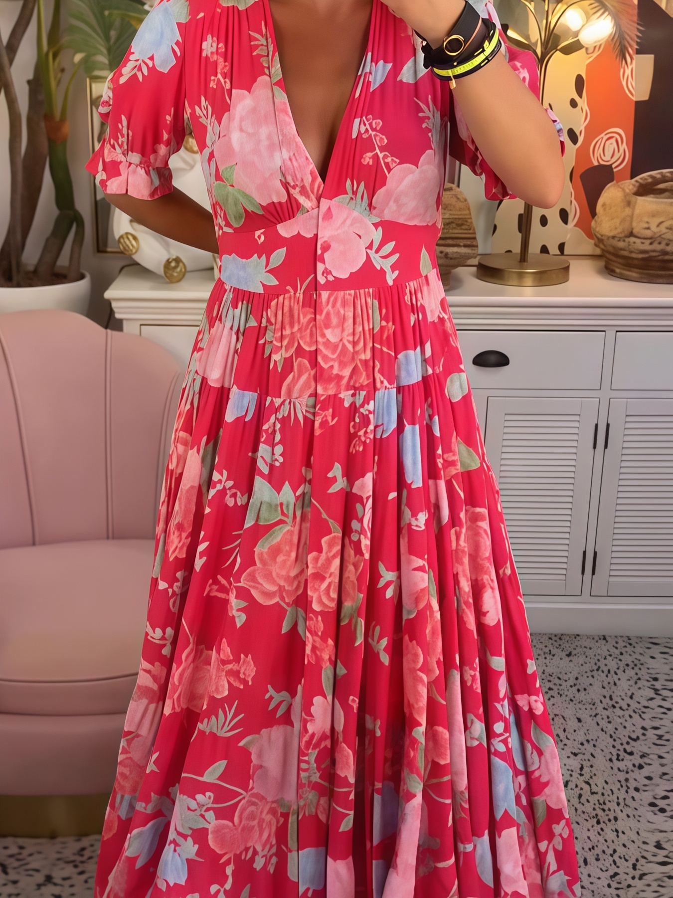 High-stretch V-neck floral loose long dress for beach vacation