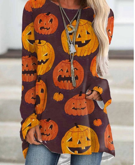 Women's Halloween raglan sleeve pumpkin funny pattern 3D print long sleeve top