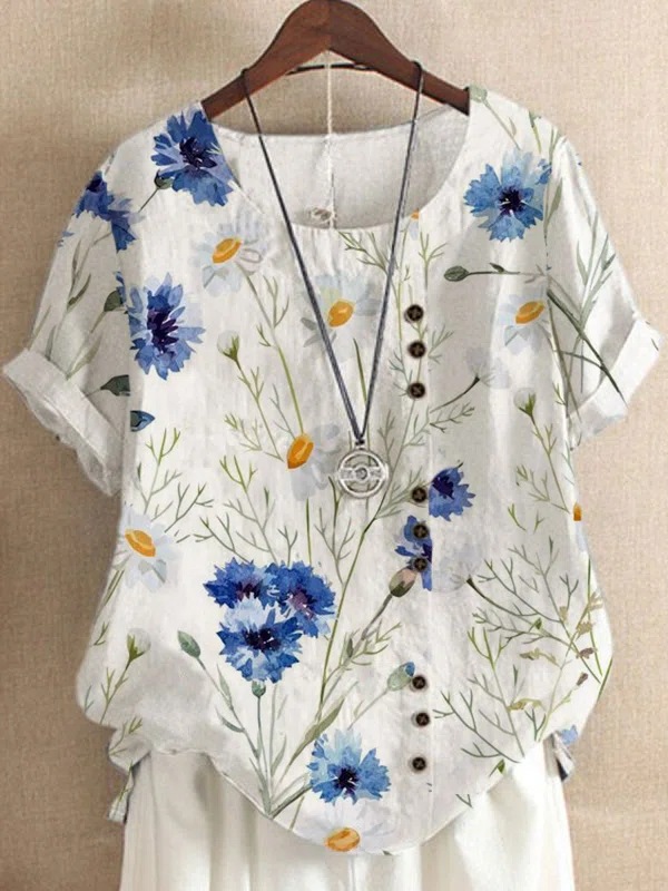 [Copy]Ladies summer autumn retro casual loose cotton linen short sleeve T-shirt wood