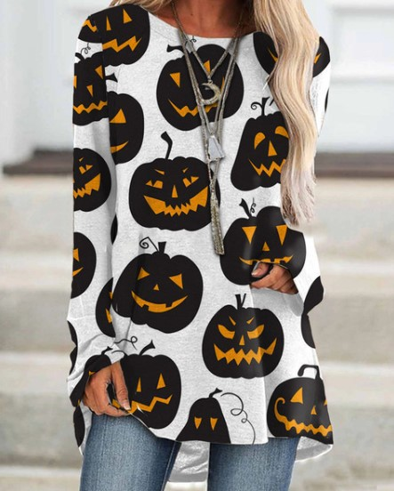Women's Halloween raglan sleeve pumpkin funny pattern 3D print long sleeve top