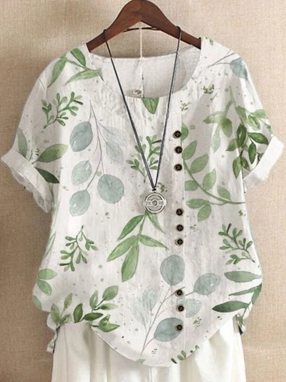 [Copy]Ladies summer autumn retro casual loose cotton linen short sleeve T-shirt wood