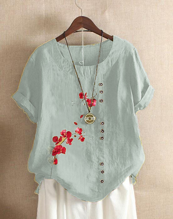 [Copy]Ladies summer autumn retro casual loose cotton linen short sleeve T-shirt wood