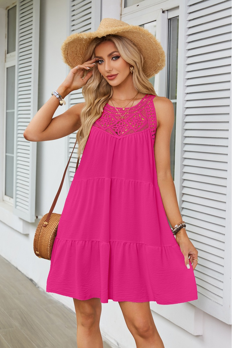 Hollow-out Lace Paneled Halter A-line Dress