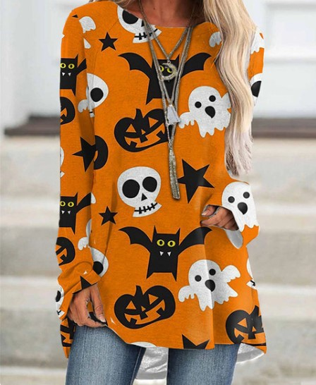 Women's Halloween raglan sleeve pumpkin funny pattern 3D print long sleeve top