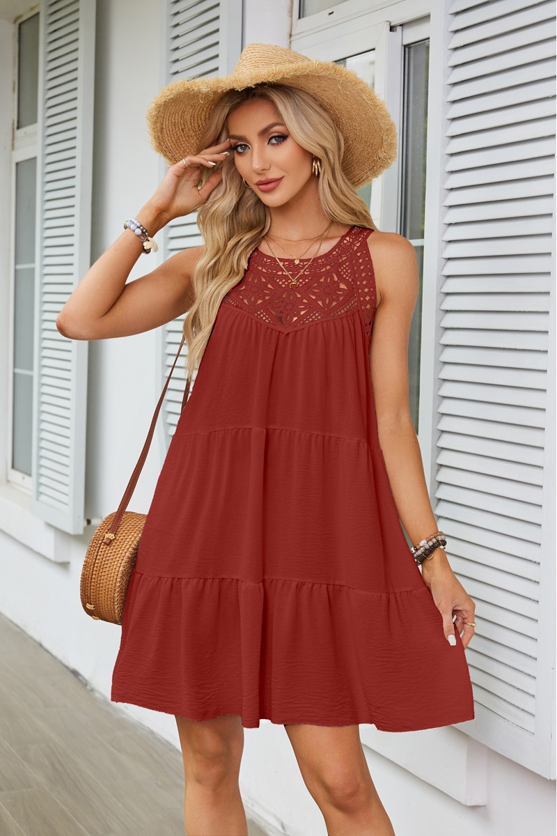 Hollow-out Lace Paneled Halter A-line Dress