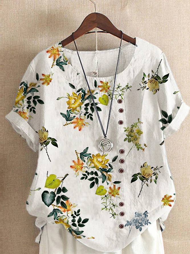 [Copy]Ladies summer autumn retro casual loose cotton linen short sleeve T-shirt wood