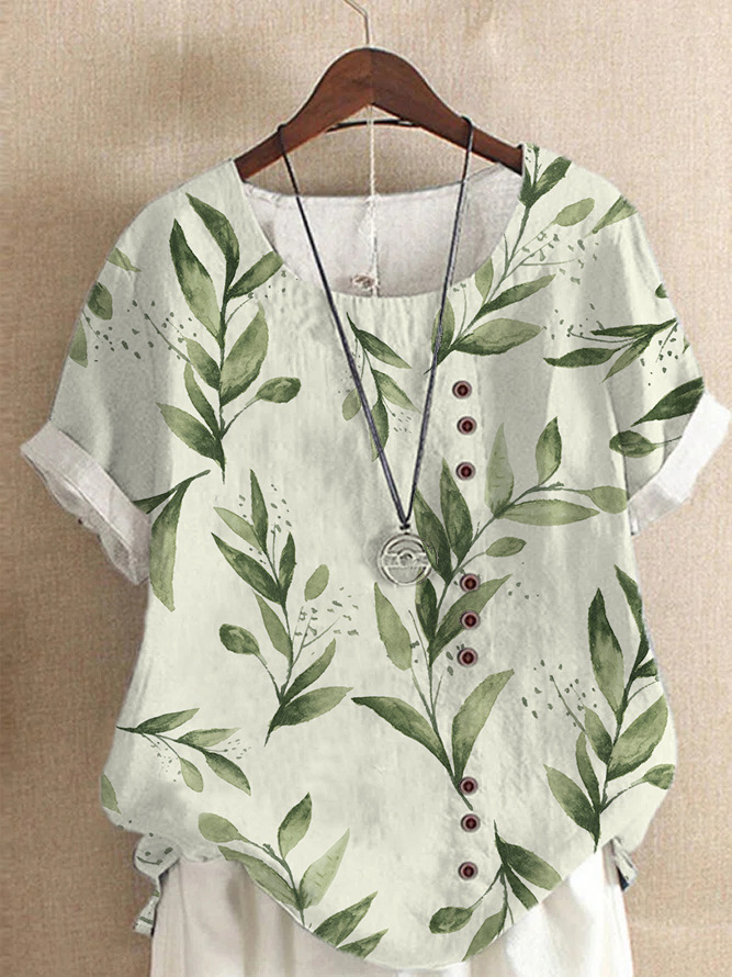 [Copy]Ladies summer autumn retro casual loose cotton linen short sleeve T-shirt wood