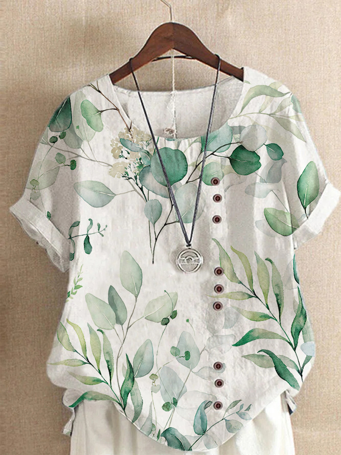 [Copy]Ladies summer autumn retro casual loose cotton linen short sleeve T-shirt wood