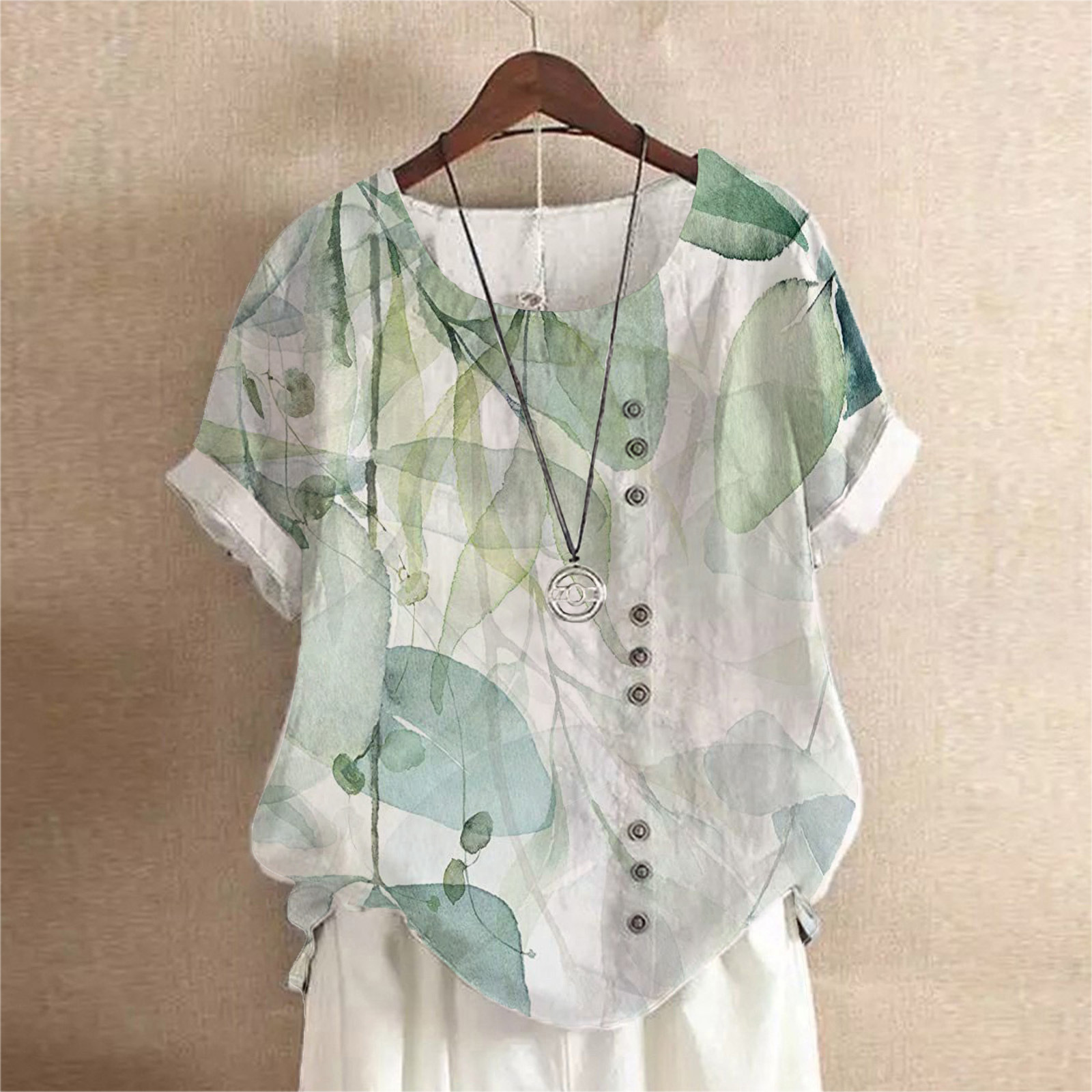 [Copy]Ladies summer autumn retro casual loose cotton linen short sleeve T-shirt wood