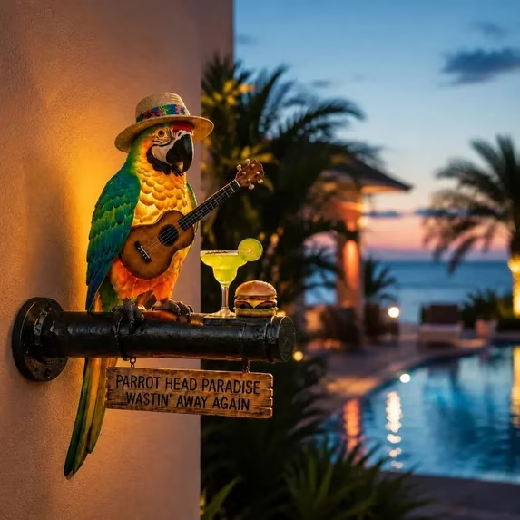 🦜🍹Tropical Parrot Ship Wheel Solar Garden Stake Light | Island Beach Themed Outdoor Landscape Lamp