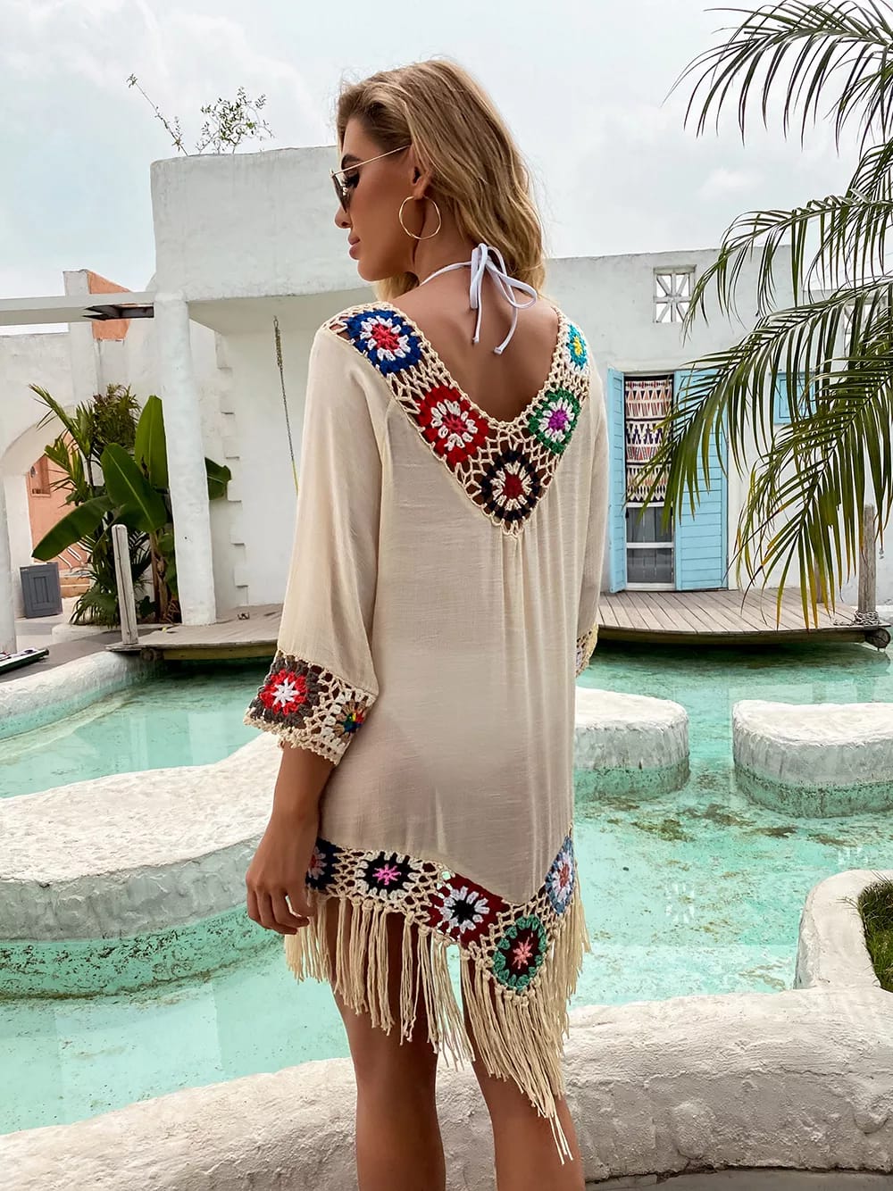 V Neck Asymmetrical Crochet Trim Tassel Cover Up