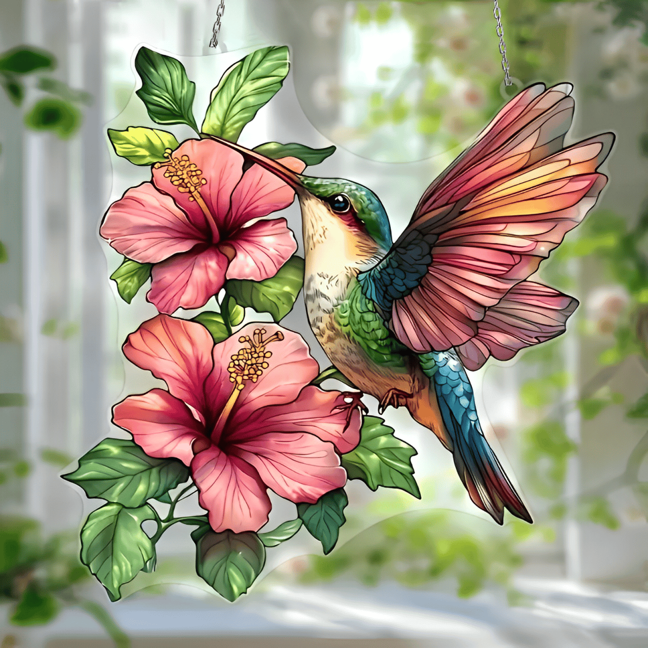 🌸🐦Hibiscus Hummingbird Stained Art Ornament (8 inches)