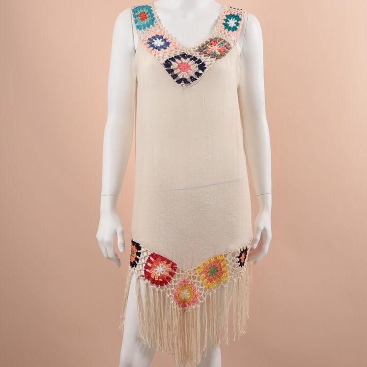 V Neck Asymmetrical Crochet Trim Tassel Cover Up