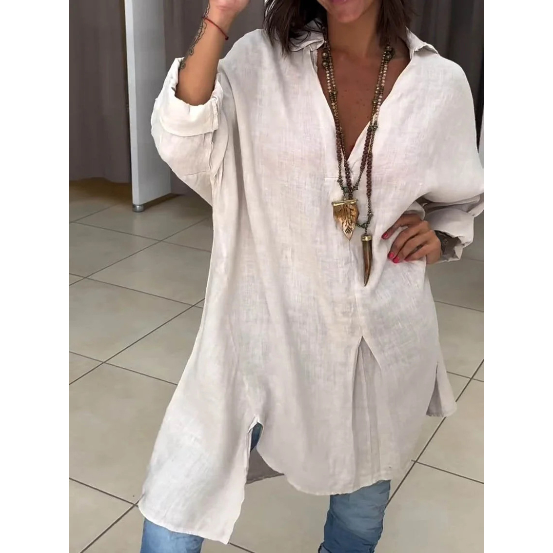 Summer ladies casual cotton linen split loose shirt dress