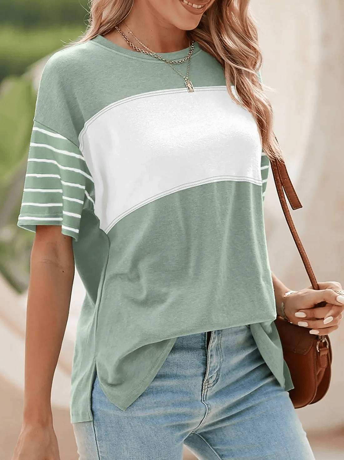 Womens Oversized Crewneck Casual Color Block Striped Shirts Blouses
