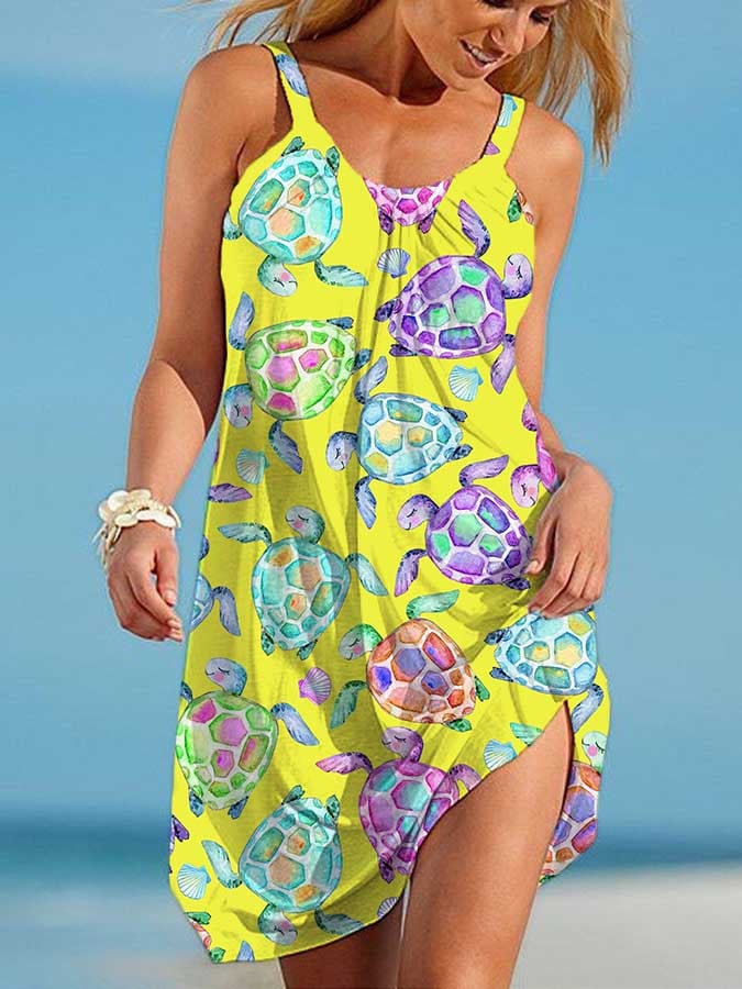  Buy 3 Get 15% Off Vacation Watercolor Sea Turtle Print Slip Dress