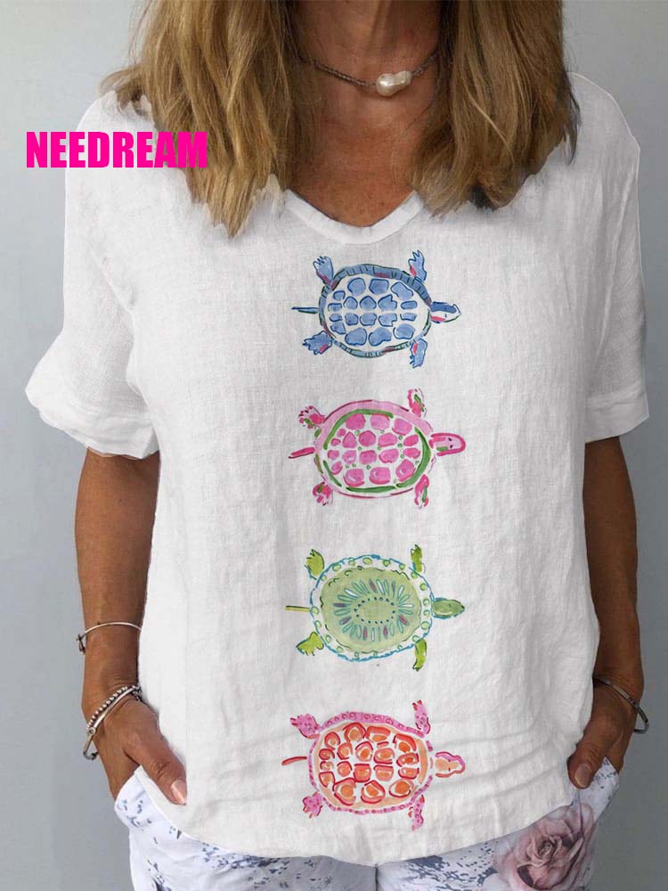 Women's Turtle Watercolor Pattern Print Cotton And Linen Top