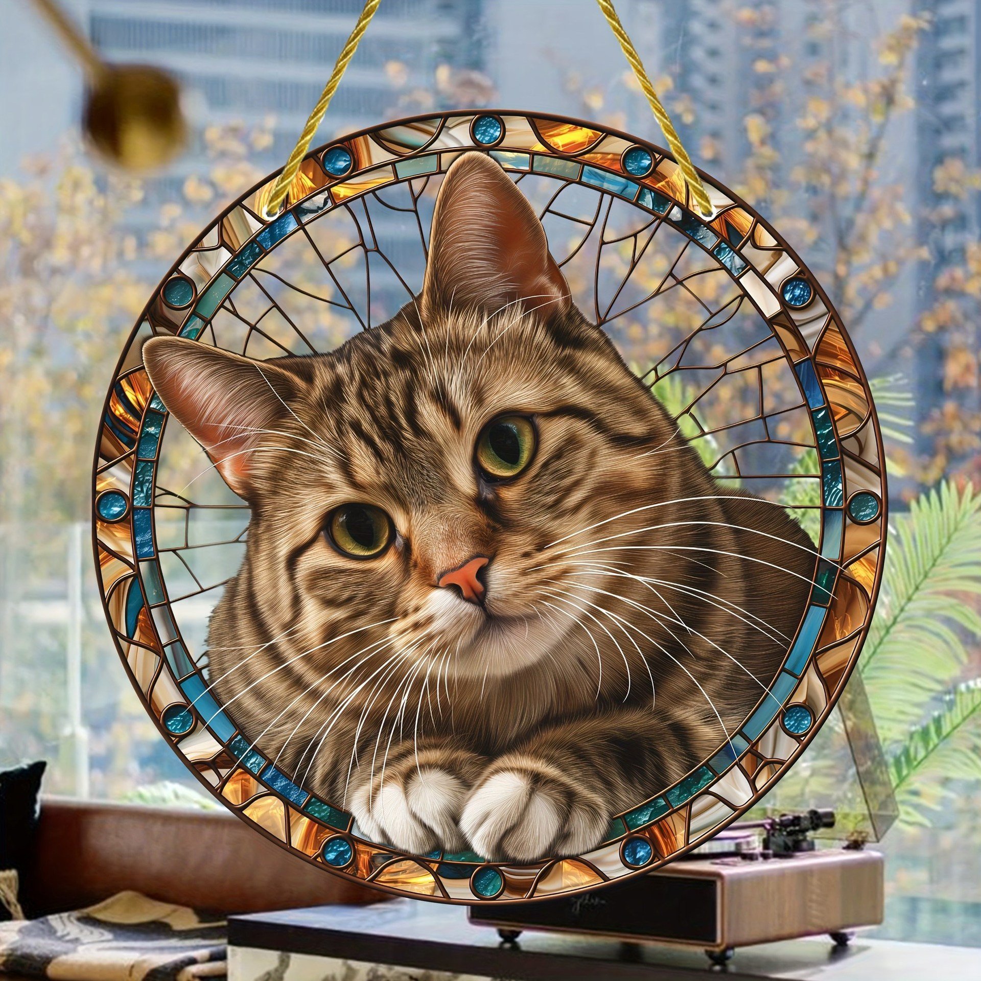 😻✨Adorable Tabby Cat Stained Art Ornament (8 inches)