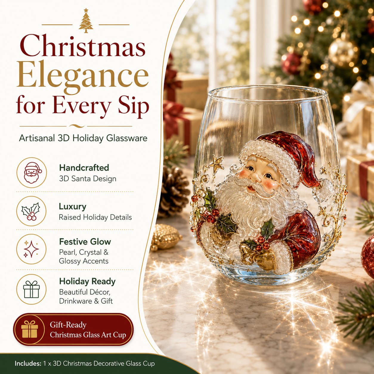 🎄✨ 3D Christmas Glass Art Cup | Luxury Raised Holiday Glassware for Drinks, Decor & Christmas Gifts 🎁