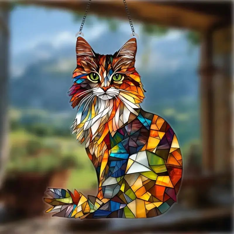 🐱✨ Longhair Cat Stained Art Ornament (8 inches)