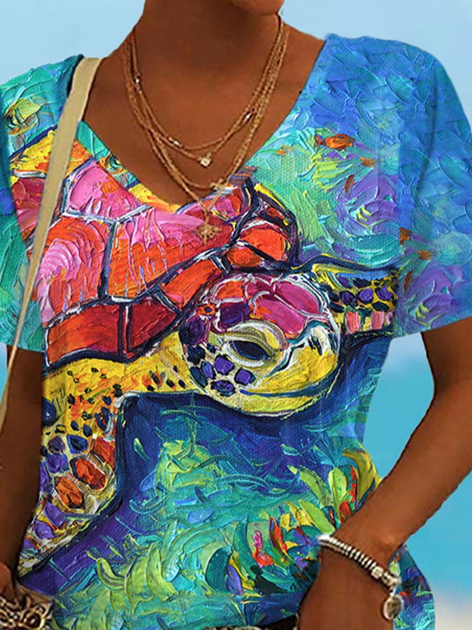  Buy 3 Get 15% Off V-neck Sea ​​Turtle Oil Painting Print T-Shirt