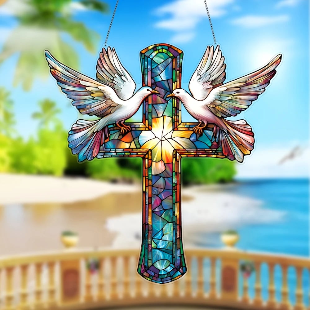 🕊️✨Cross & Doves Stained Art Ornament (8 inches)