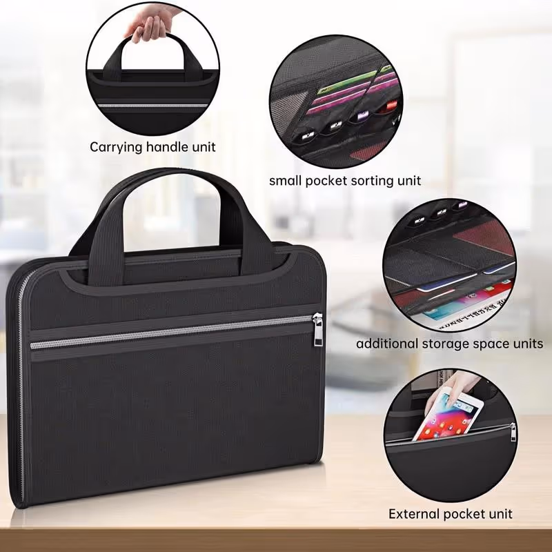 Portable document organizer with external pocket double zipper and hand strap