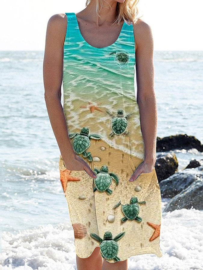  Buy 3 Get 15% Off Women's Beach Turtle Print Sling Dress